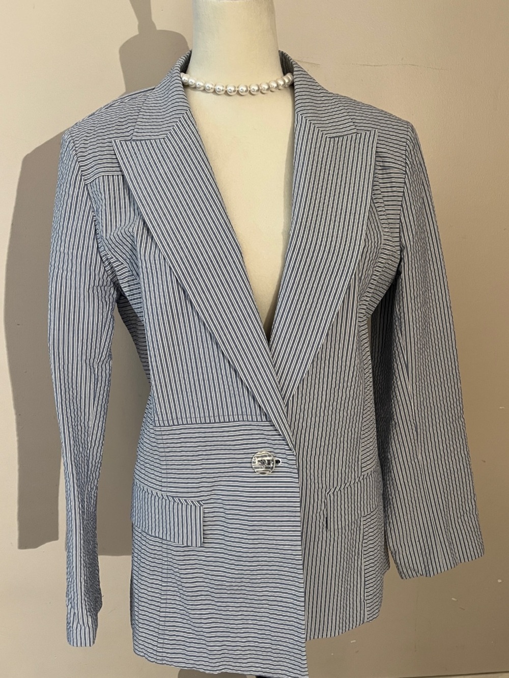 Lafayette 148 New York Striped Blue Seersucker Blazer Jacket - Women